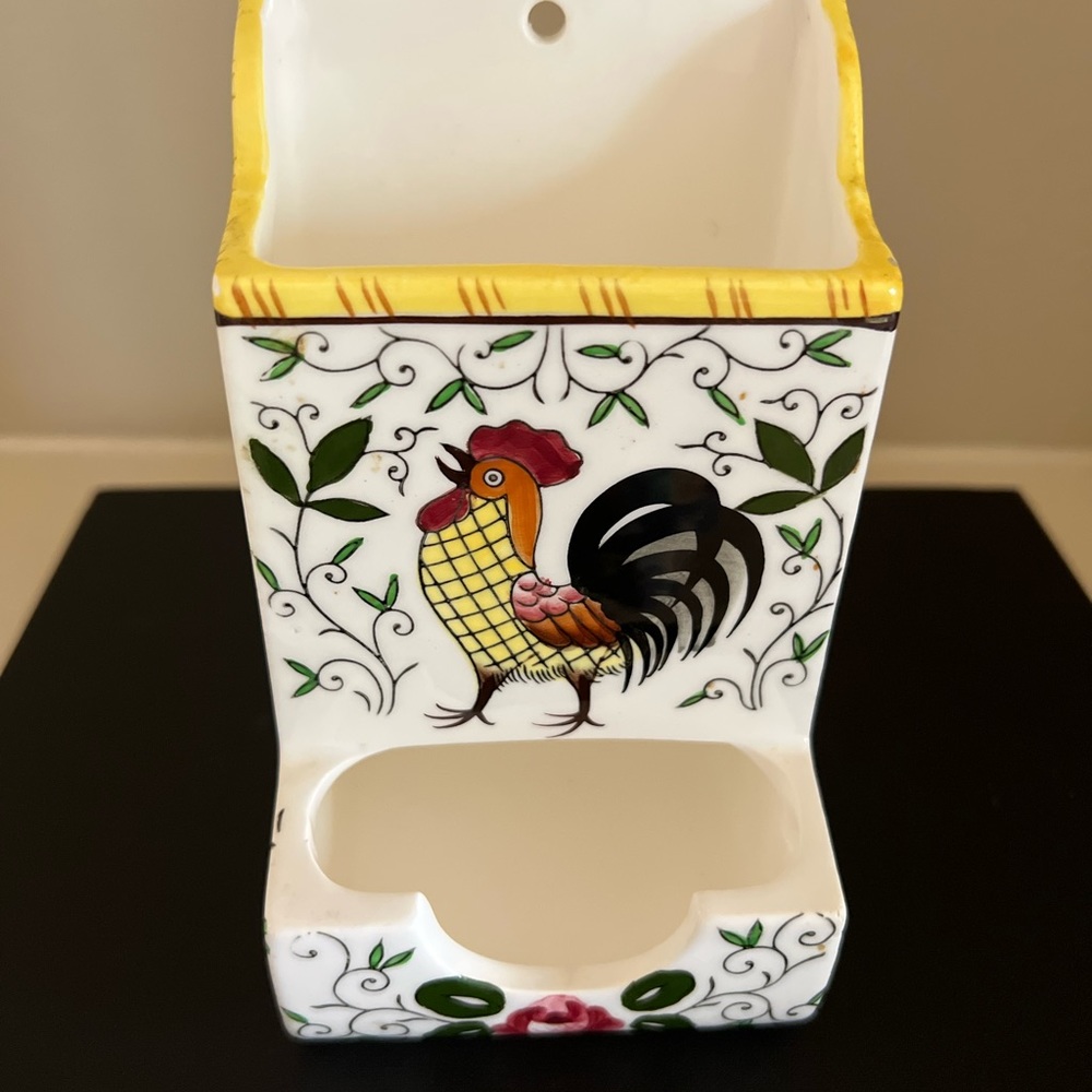 Vintage PY UCAGCO Early Provincial Rooster And Roses Match Box Holder.